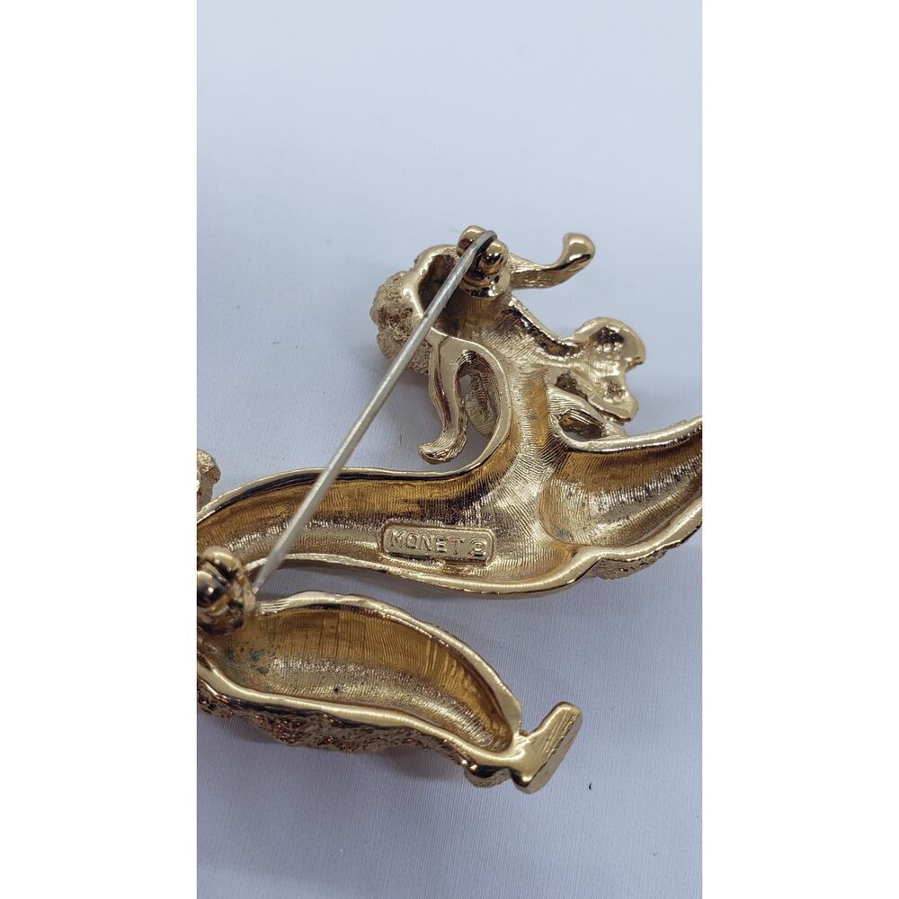 Vintage Poodle Doodle Dog Brooch Monet Gold with Red Rhinestone Eyes Playful Pin - Picture 3 of 7